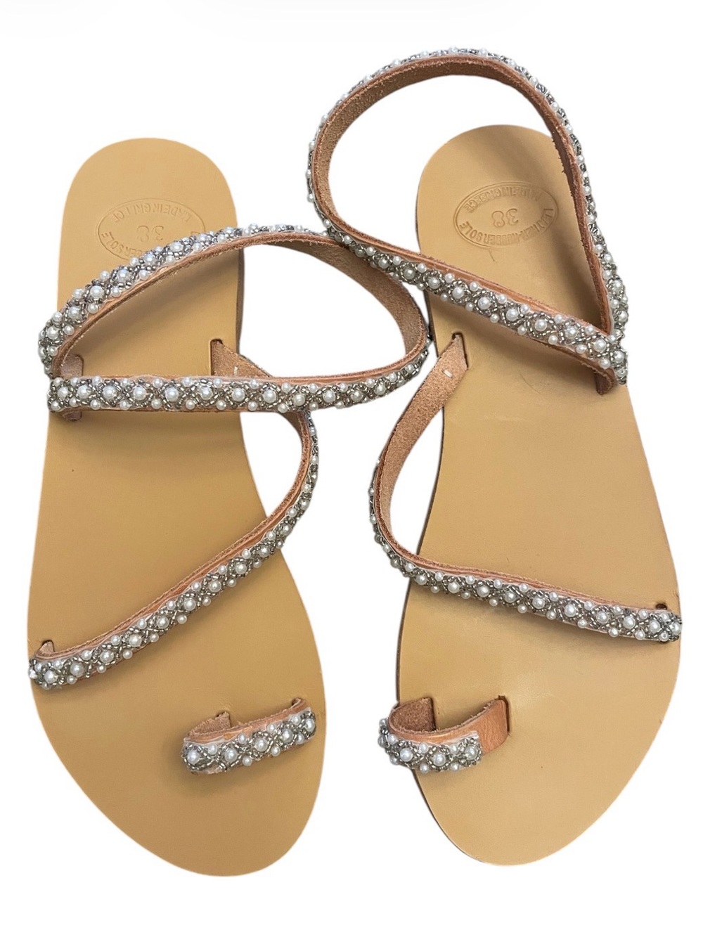Handmade Grecian Leather Embellished Sandals Pearl Bridal Boho Greece | 7 - Picture 4 of 5
